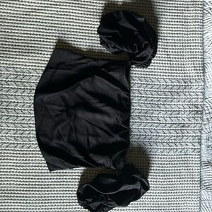 Black silky satin puff sleeve off the shoulder top